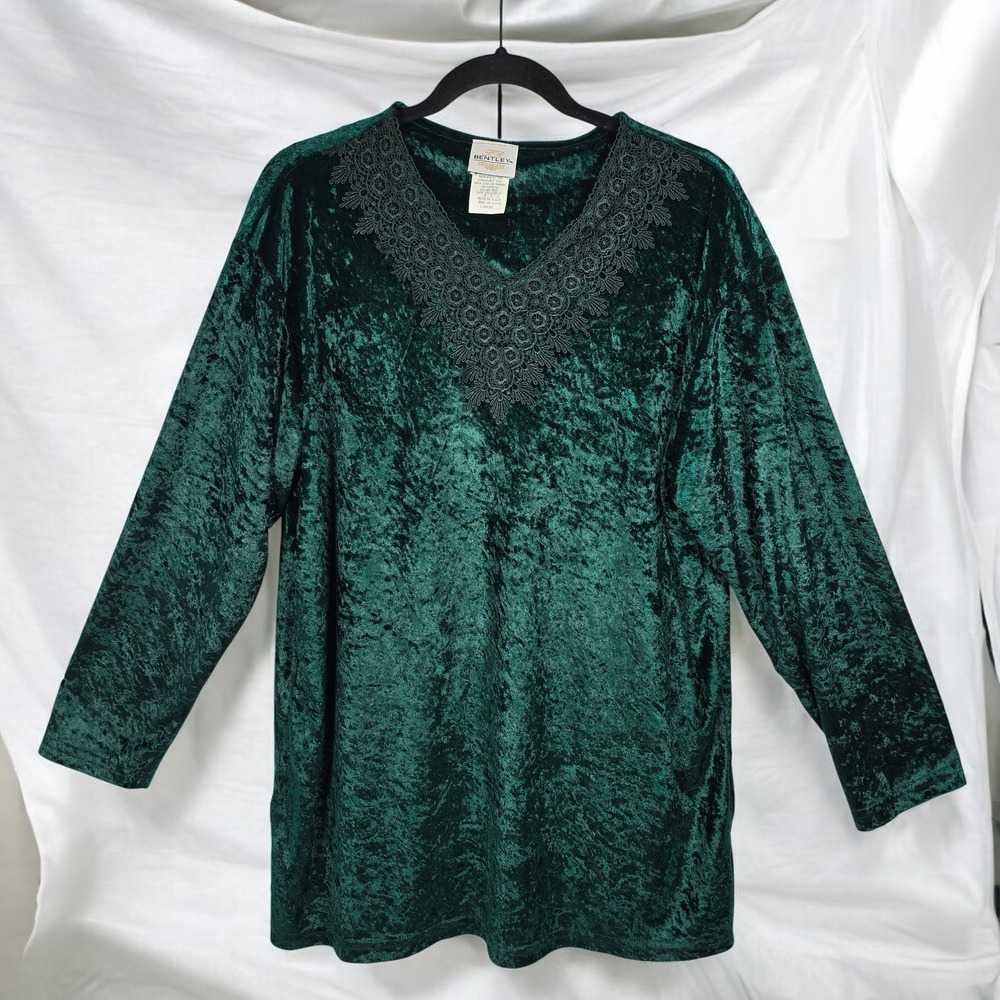 VTG Bentley Tunic‎ Top Woman Large Green Velvet Lace V Neck Long Sleeve Gothic